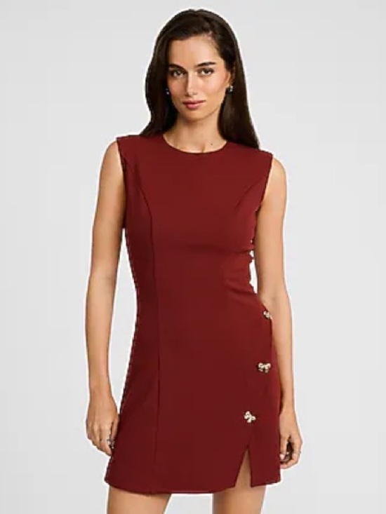 Express Dresses & Skirts - Express Sleeveless Burgundy Mini Dress with Side Bow Accent Buttons